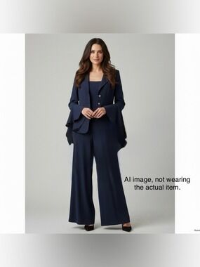 Vintage Y2K Escada Navy Wide-Leg Jumpsuit with Matching Draped Blazer Size 40